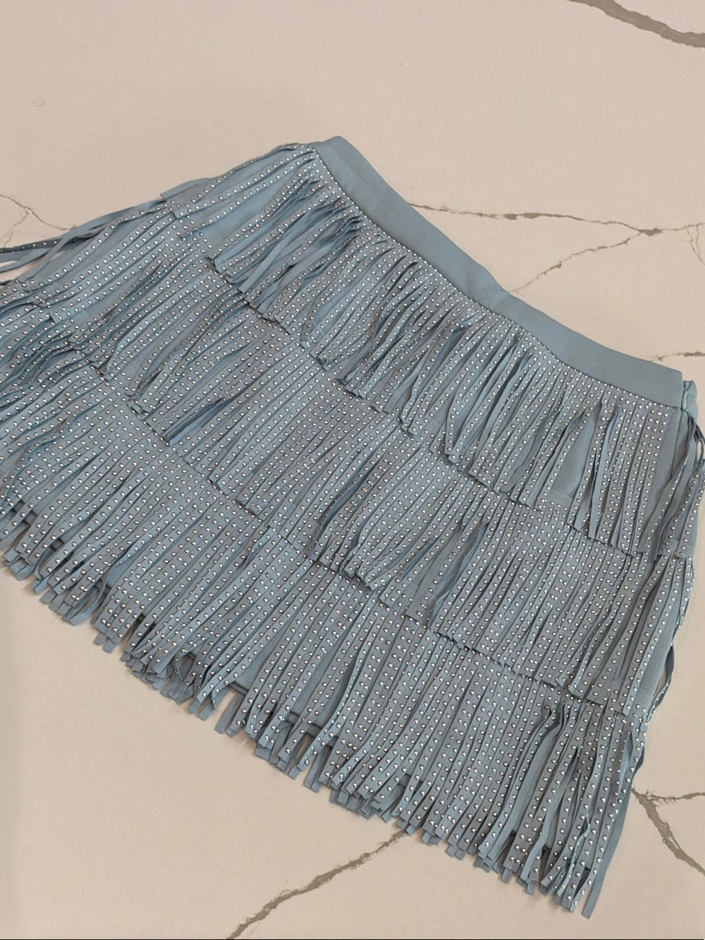 NWT Free The Roses Small Light Blue Fringe Mini Skirt with Stud Details